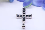 Two and Half carats Natural Sapphires set 38 mm Long Cross, Made From Solid Cast Silver, Complete with Silver Chain, British Hallmarked