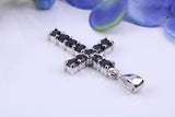 Two and Half carats Natural Sapphires set 38 mm Long Cross, Made From Solid Cast Silver, Complete with Silver Chain, British Hallmarked