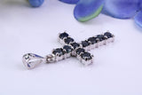 Two and Half carats Natural Sapphires set 38 mm Long Cross, Made From Solid Cast Silver, Complete with Silver Chain, British Hallmarked