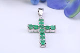 1.20 carats Natural Emeralds set 38 mm Long Cross, Made From Solid Cast Silver, Complete with Silver Chain, British Hallmarked