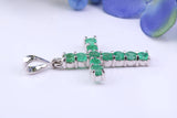 1.20 carats Natural Emeralds set 38 mm Long Cross, Made From Solid Cast Silver, Complete with Silver Chain, British Hallmarked