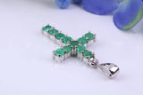 1.20 carats Natural Emeralds set 38 mm Long Cross, Made From Solid Cast Silver, Complete with Silver Chain, British Hallmarked