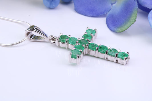 1.20 carats Natural Emeralds set 38 mm Long Cross, Made From Solid Cast Silver, Complete with Silver Chain, British Hallmarked
