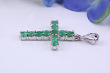 1.20 carats Natural Emeralds set 38 mm Long Cross, Made From Solid Cast Silver, Complete with Silver Chain, British Hallmarked
