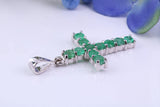 1.20 carats Natural Emeralds set 38 mm Long Cross, Made From Solid Cast Silver, Complete with Silver Chain, British Hallmarked
