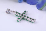 1.20 carats Natural Emeralds set 38 mm Long Cross, Made From Solid Cast Silver, Complete with Silver Chain, British Hallmarked