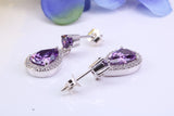22 mm Long Amethyst and Diamond White C Z set Dropper Earrings, Made from Solid 925 Grade Sterling Silver