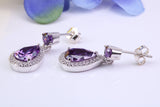 22 mm Long Amethyst and Diamond White C Z set Dropper Earrings, Made from Solid 925 Grade Sterling Silver