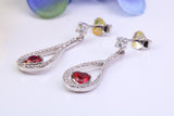 30 mm Long Ruby and Diamond White C Z set Dropper Earrings, Made from Solid 925 Grade Sterling Silver