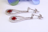 30 mm Long Ruby and Diamond White C Z set Dropper Earrings, Made from Solid 925 Grade Sterling Silver