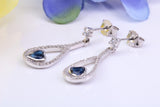 30 mm Long Sapphire and Diamond White C Z set Dropper Earrings, Made from Solid 925 Grade Sterling Silver