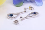 30 mm Long Sapphire and Diamond White C Z set Dropper Earrings, Made from Solid 925 Grade Sterling Silver