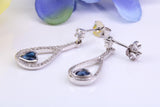 30 mm Long Sapphire and Diamond White C Z set Dropper Earrings, Made from Solid 925 Grade Sterling Silver