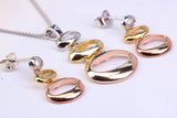 Three Tone Necklace and Earrings set, Made from solid Sterling Silver, 18ct Yellow, Rose and White Gold Plated