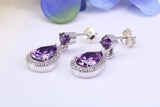 22 mm Long Amethyst and Diamond White C Z set Dropper Earrings, Made from Solid 925 Grade Sterling Silver