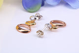 Three Tone Earrings, Made from solid Sterling Silver, 18ct Yellow, Rose and White Gold Plated