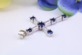 Sapphire Blue and Diamond White Cubic Zirconia Encrusted Cross Necklace, made from solid Sterling Silver
