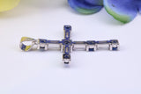 Sapphire Blue and Diamond White Cubic Zirconia Encrusted Cross Necklace, made from solid Sterling Silver