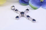 Sapphire Blue and Diamond White Cubic Zirconia Encrusted Cross Necklace, made from solid Sterling Silver