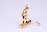 Surfing Girl Charm, Made from Solid Cast Yellow Gold, British Hallmarked, Complete with Attachment Link