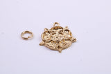 Tudor Rose Charm, Traditional Charm, Made from Solid 9ct Yellow Gold, British Hallmarked, Complete with Attachment Link