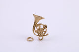 French Horn Charm, Made from Solid 9ct Yellow Gold, British Hallmarked, Complete with Attachment Link