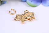 Farm Pig Charm, Made from Solid Yellow Gold, British Hallmarked, Complete with Attachment Link