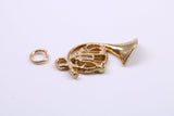 French Horn Charm, Made from Solid 9ct Yellow Gold, British Hallmarked, Complete with Attachment Link