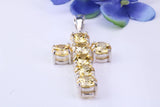 60 mm Long, Large and Chunky Sterling Silver Stone set Cross, Citrine Colour C Z Set