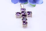 60 mm Long, Large and Chunky Amethyst C Z set Cross, Made From Solid Cast Silver