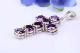 60 mm Long, Large and Chunky Amethyst C Z set Cross, Made From Solid Cast Silver