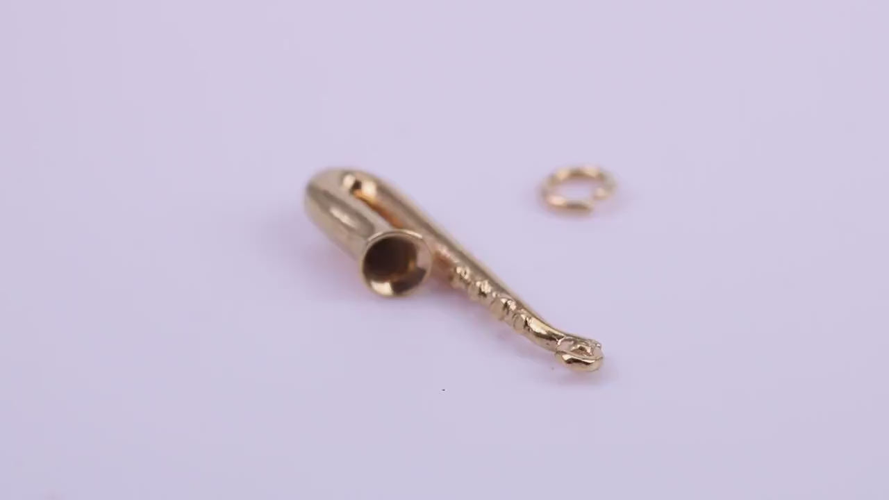 Saxophone Charm, Traditional Charm, Made from Solid 9ct Yellow Gold, British Hallmarked, Complete with Attachment Link