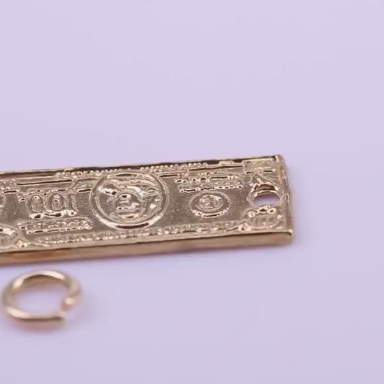100 Dollar Bill Charm, Traditional Charm, Made from Solid 9ct Yellow Gold, British Hallmarked, Complete with Attachment Link