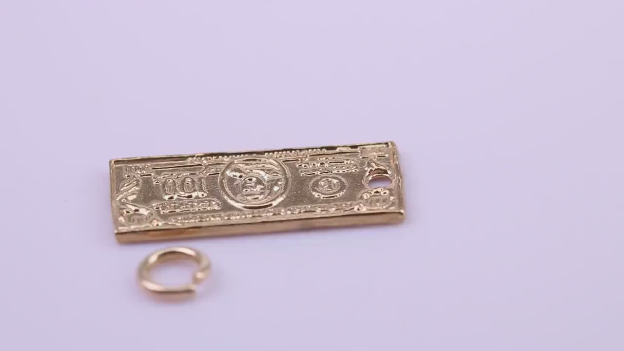 100 Dollar Bill Charm, Traditional Charm, Made from Solid 9ct Yellow Gold, British Hallmarked, Complete with Attachment Link