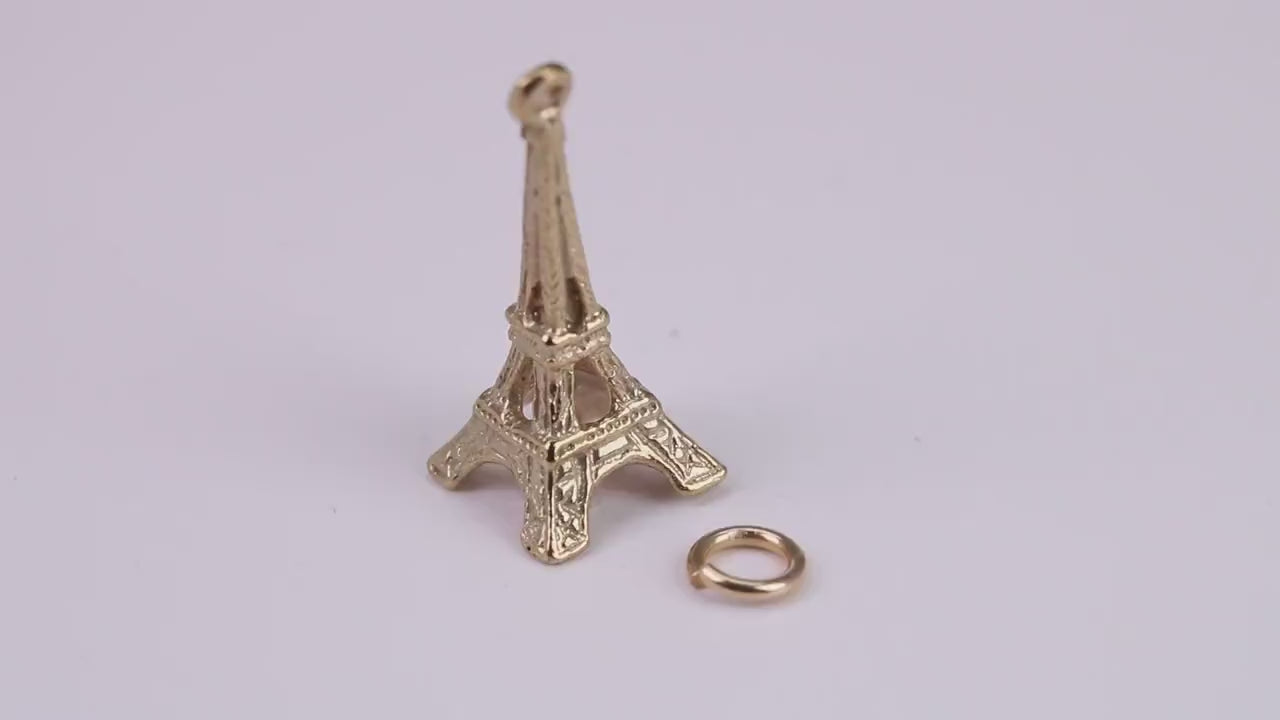 Eiffel Tower Charm, Traditional Charm, Made From Solid Yellow Gold with British Hallmark, Complete with Attachment Link