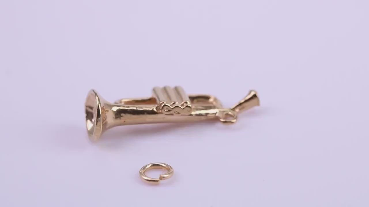Trumpet Charm, Traditional Charm, Made from Solid 9ct Yellow Gold, British Hallmarked, Complete with Attachment Link