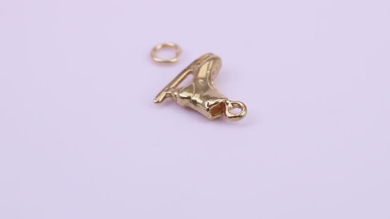 Ice Skate Charm, Traditional Charm, Made from Solid 9ct Yellow Gold, British Hallmarked, Complete with Attachment Link