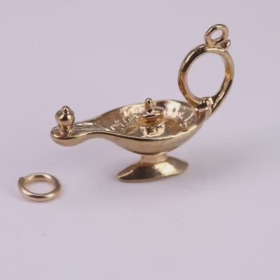Magic Genie Lamp Charm, Traditional Charm, Made From Solid Yellow Gold with British Hallmark, Complete with Attachment Link