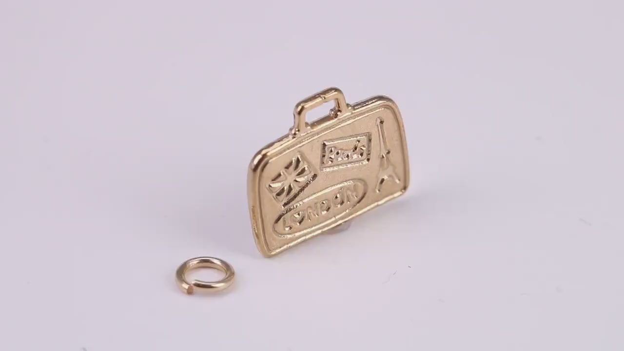 Travel Suitcase Charm, Traditional Charm, Made From Solid Yellow Gold with British Hallmark, Complete with Attachment Link