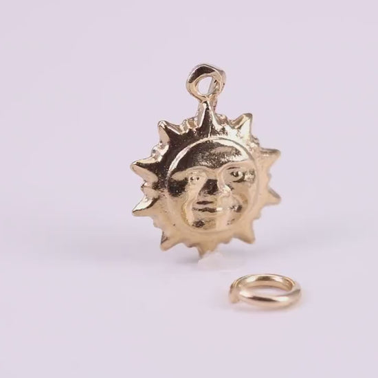 Sun Charm, Traditional Charm, Made from Solid 9ct Yellow Gold, British Hallmarked, Complete with Attachment Link