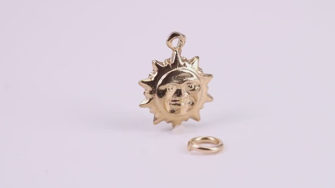 Sun Charm, Traditional Charm, Made from Solid 9ct Yellow Gold, British Hallmarked, Complete with Attachment Link