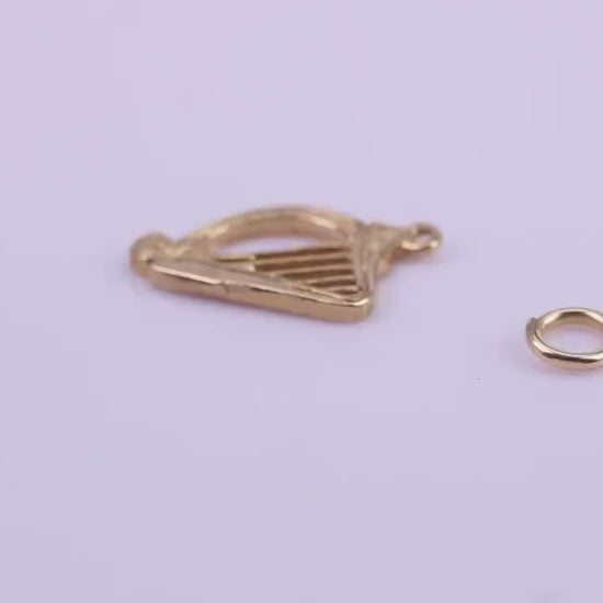 Harp Charm, Traditional Charm, Made from Solid 9ct Yellow Gold, British Hallmarked, Complete with Attachment Link