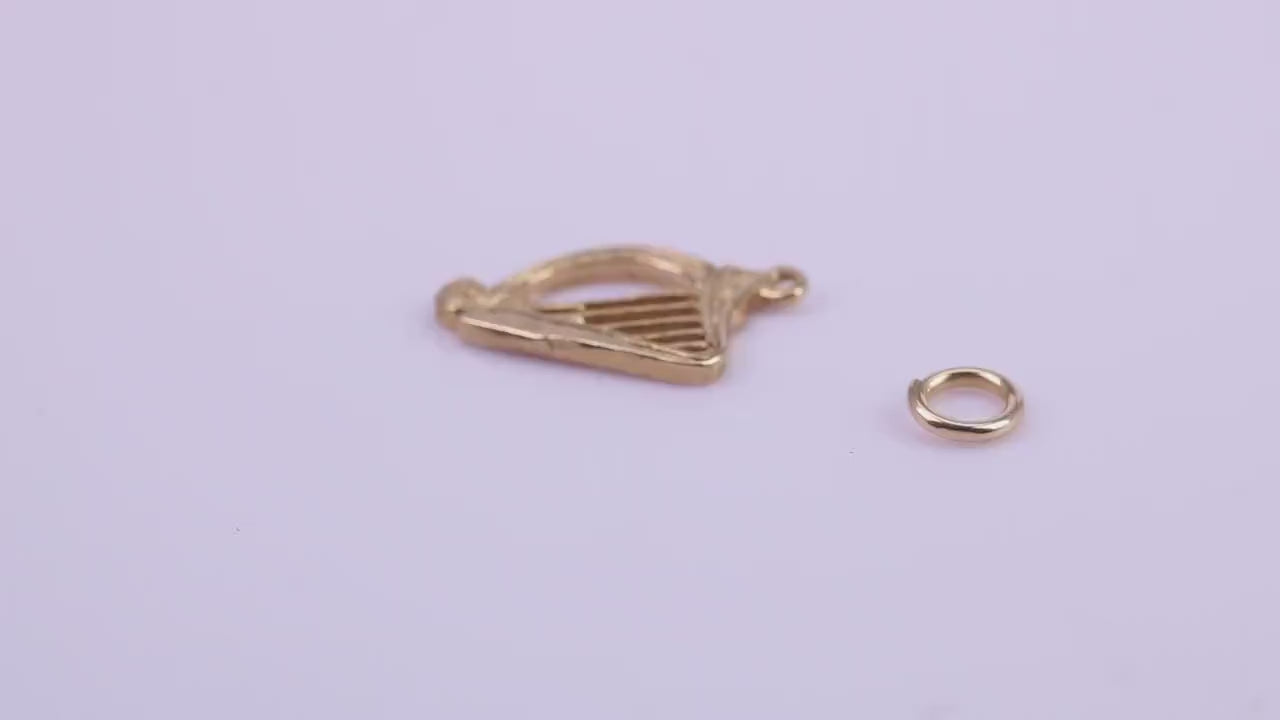Harp Charm, Traditional Charm, Made from Solid 9ct Yellow Gold, British Hallmarked, Complete with Attachment Link