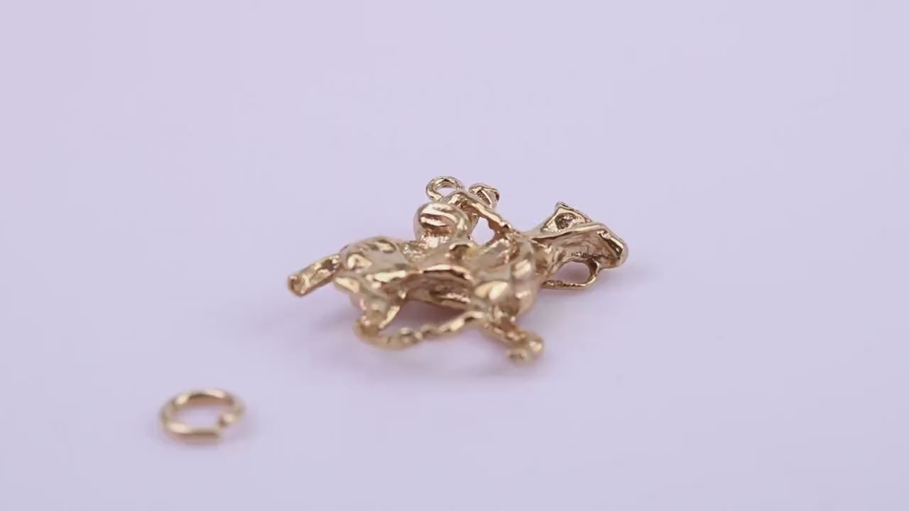 Jockey on Horse Charm, Traditional Charm, Made from Solid 9ct Yellow Gold, British Hallmarked, Complete with Attachment Link