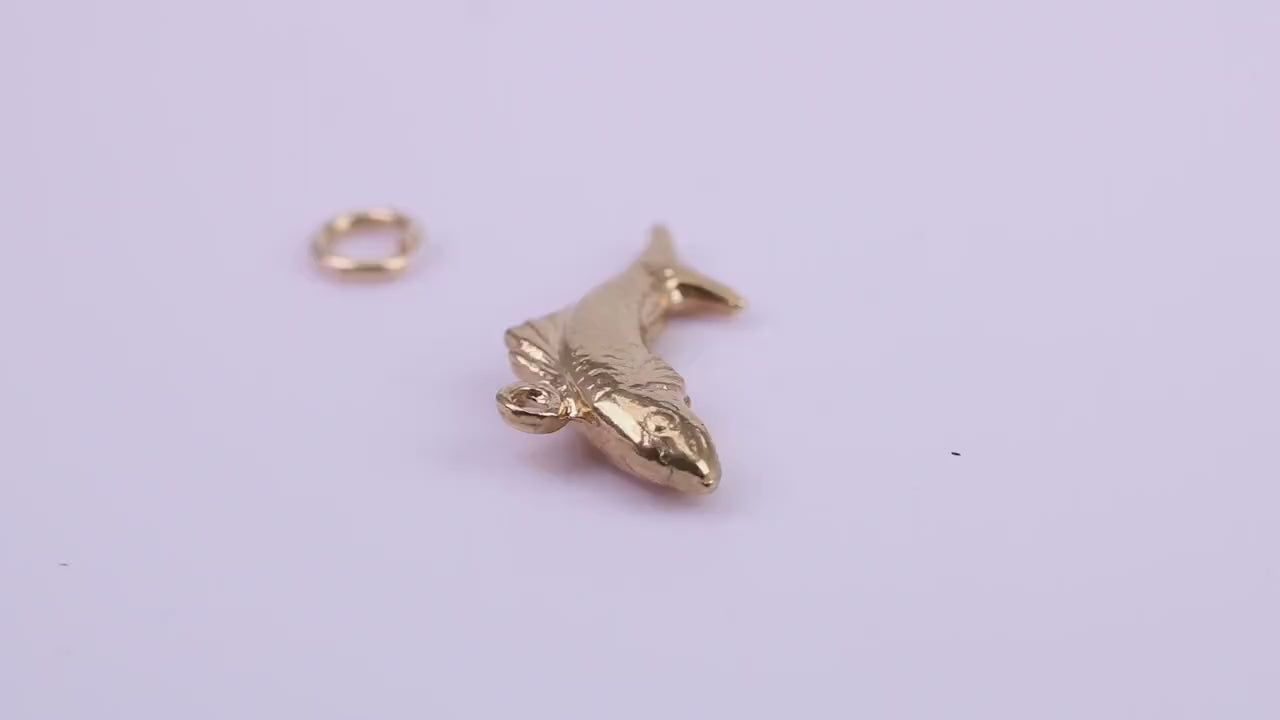 Salmon Fish Charm, Traditional Charm, Made from Solid 9ct Yellow Gold, British Hallmarked, Complete with Attachment Link