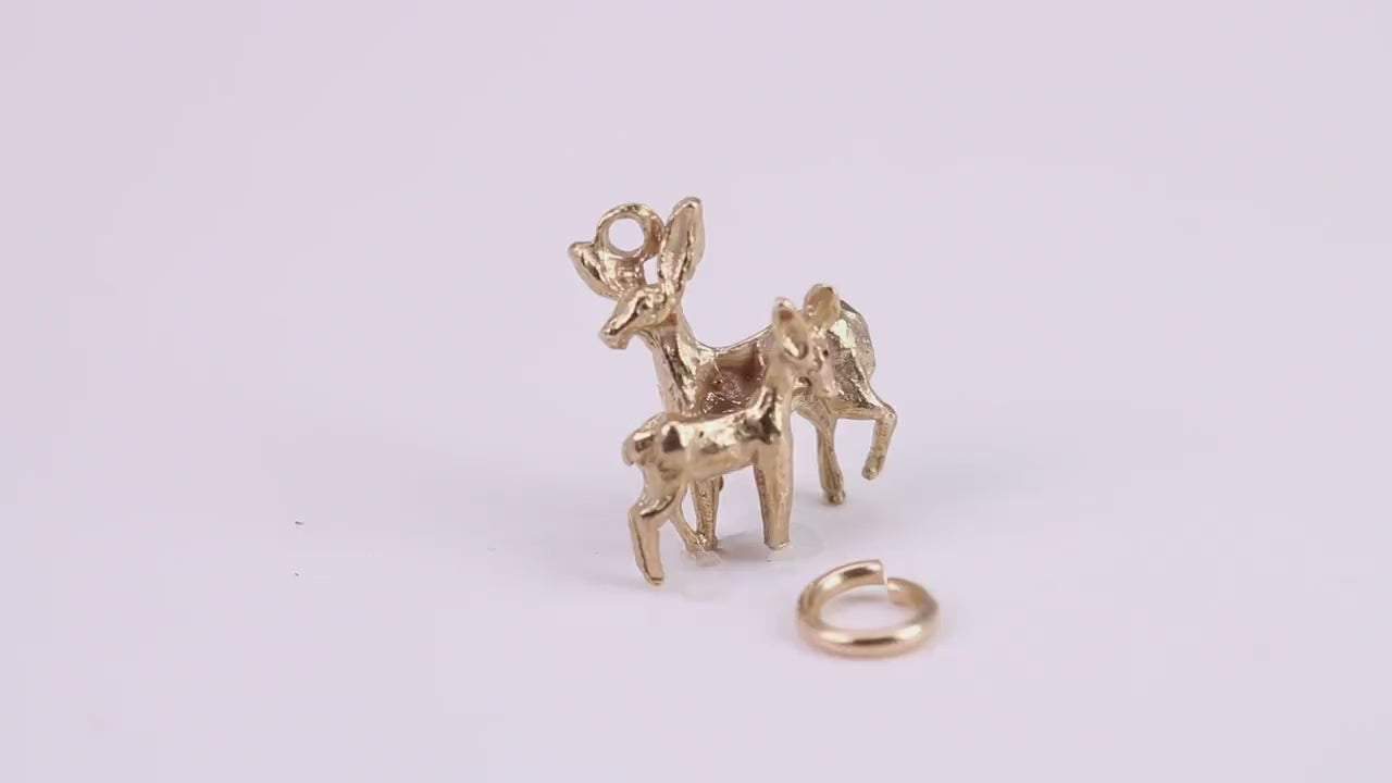 Deer and Fawn Charm, Traditional Charm, Made from Solid Yellow Gold, British Hallmarked, Complete with Attachment Link