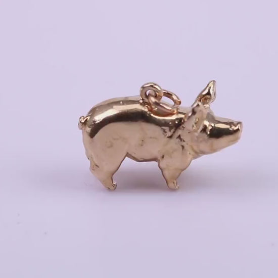 Farm Pig Charm, Made From Solid 9ct Yellow Gold, British Hallmarked and Complete With Attachment Link