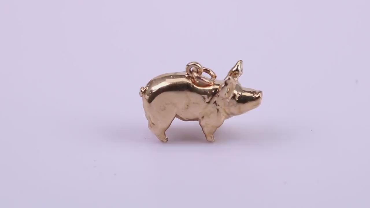 Farm Pig Charm, Made From Solid 9ct Yellow Gold, British Hallmarked and Complete With Attachment Link