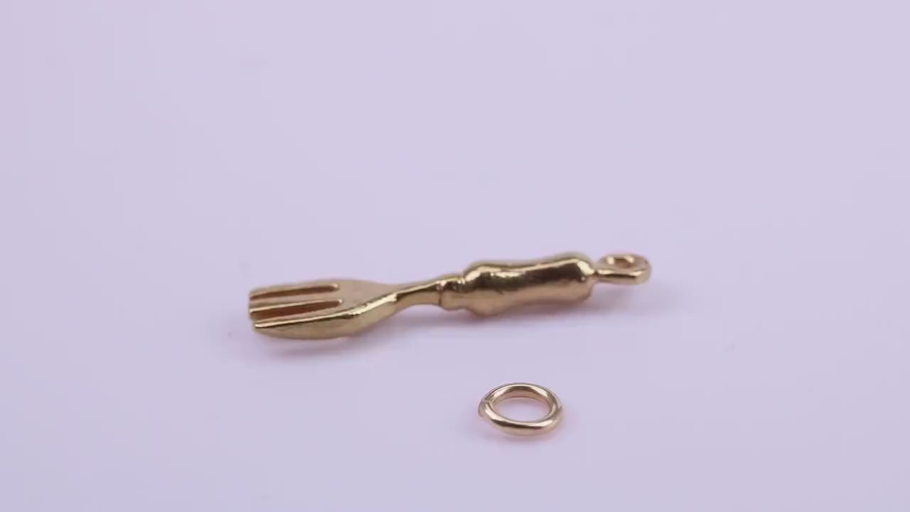 Garden Fork Charm, Traditional Charm, Made from Solid 9ct Yellow Gold, British Hallmarked, Complete with Attachment Link