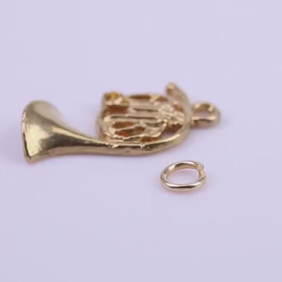 French Horn Charm, Traditional Charm, Made from Solid 9ct Yellow Gold, British Hallmarked, Complete with Attachment Link